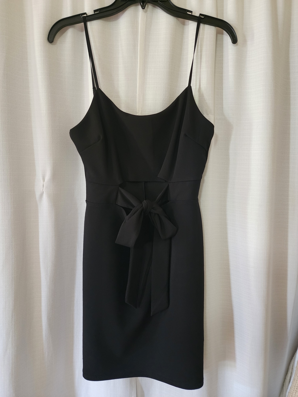 Classic Black Spaghetti-Strap Sheath Dress with Waist Tie